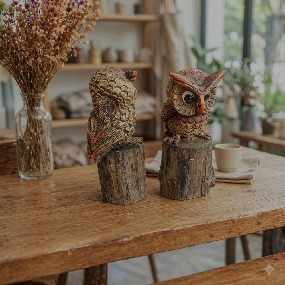 Owl on Tree Stump Figurine Set for Home, Porch and Garden Decor