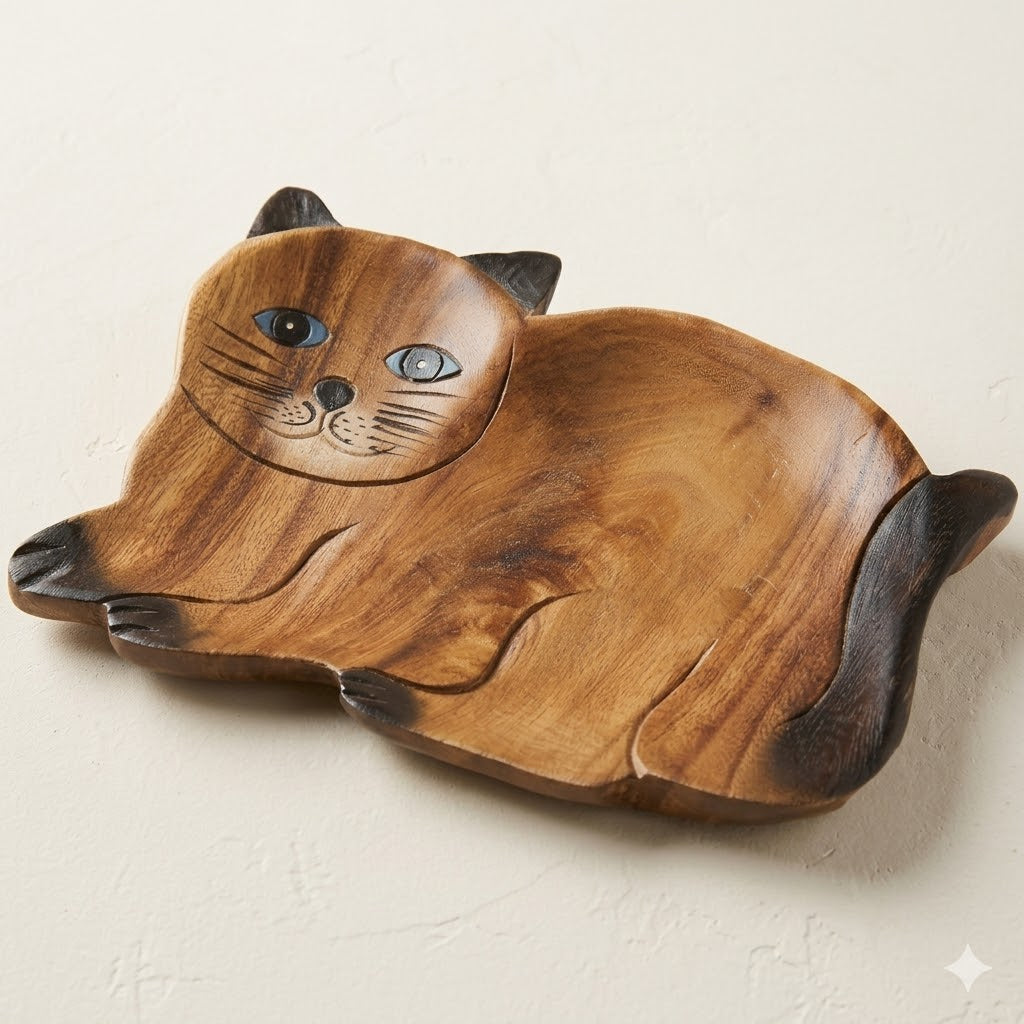 Cat-Shaped Wooden Tray for Jewelry, Keys and Home Decor