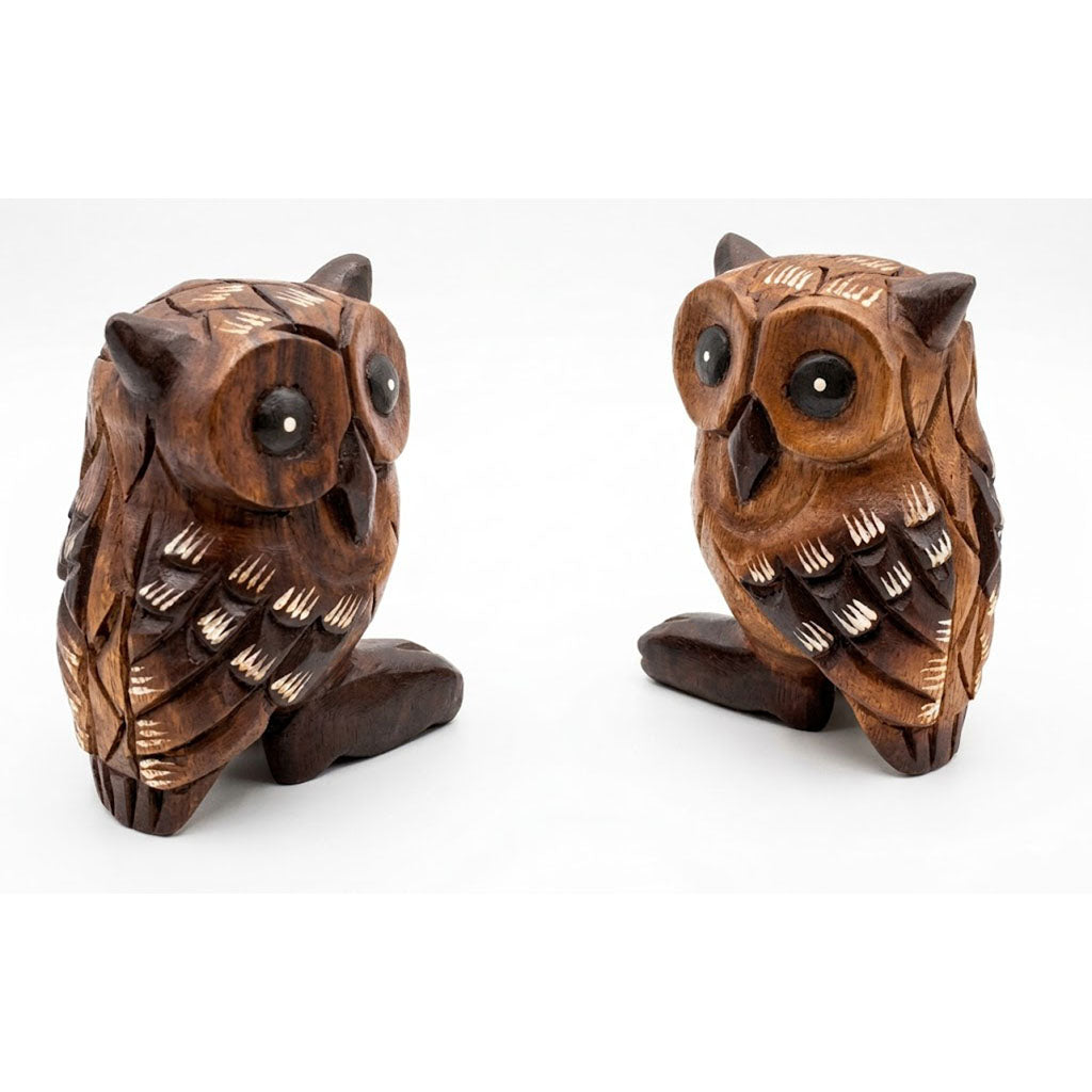 Wooden Owl Figurine Set for Shelf, Desk and Home Decor