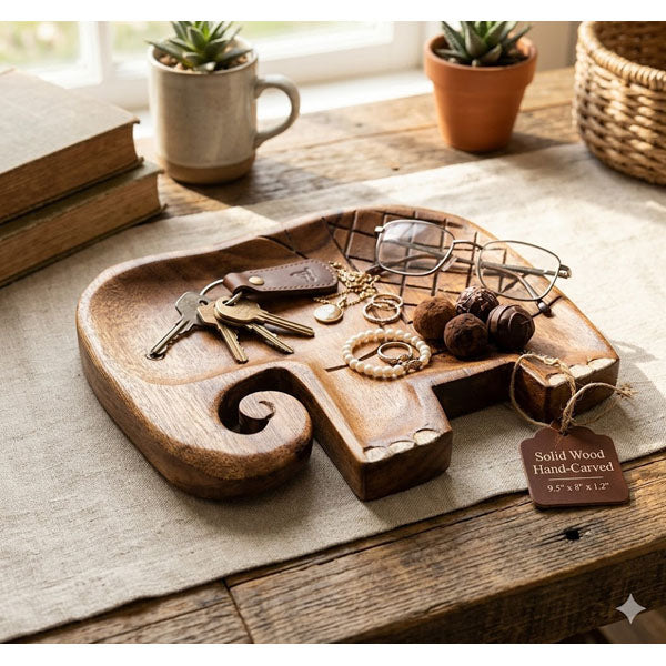 Wood Elephant Tray for Jewelry, Keys & Crystals – Handmade Rustic Animal Trinket Dish for Vanity Table, Bedroom & Spiritual Decor