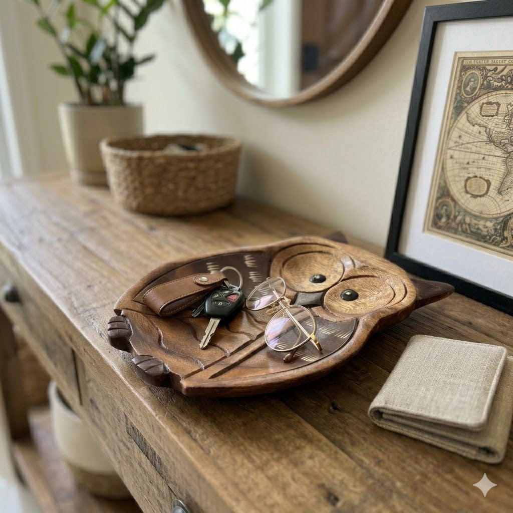 Hand Carved Wooden Owl Decor, Rustic Owl-Figurine for Shelf, Farmhouse Woodland Animal Statue, Gifts for Women, Nature Lover Gift for Home Office Bedroom Decor