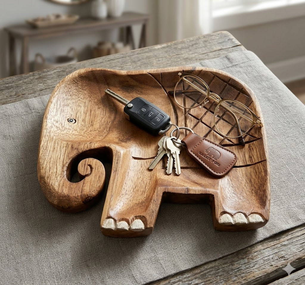 Wood Elephant Tray for Jewelry, Keys & Crystals – Handmade Rustic Animal Trinket Dish for Vanity Table, Bedroom & Spiritual Decor