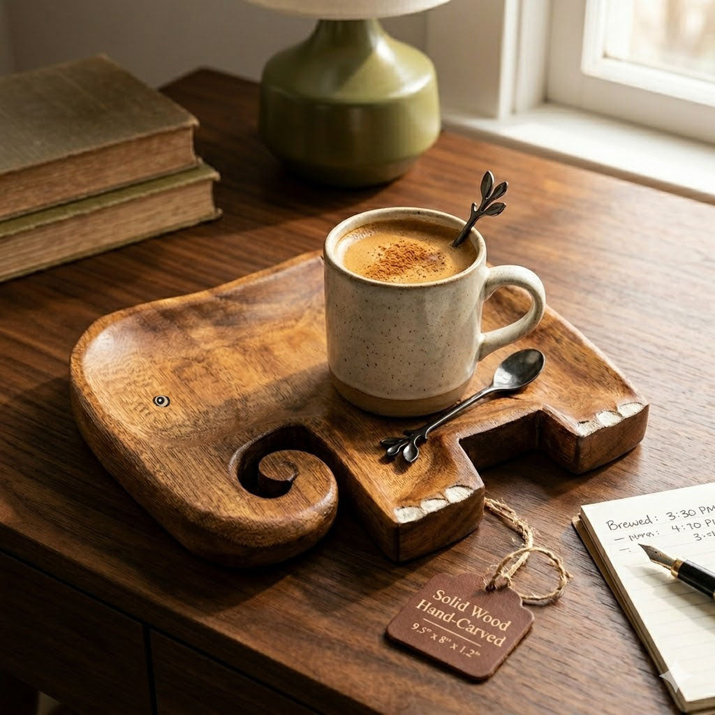 Wood Elephant Tray for Jewelry, Keys & Crystals – Handmade Rustic Animal Trinket Dish for Vanity Table, Bedroom & Spiritual Decor