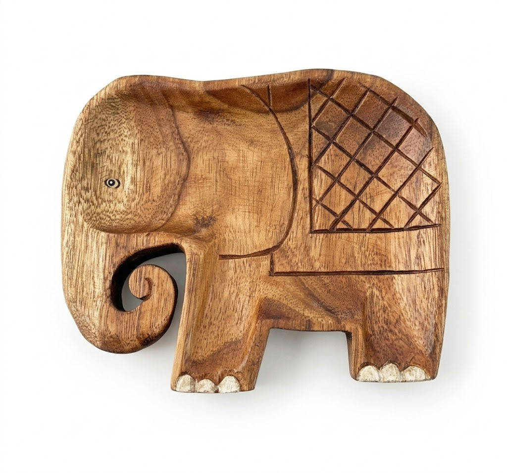 Wood Elephant Tray for Jewelry, Keys & Crystals – Handmade Rustic Animal Trinket Dish for Vanity Table, Bedroom & Spiritual Decor