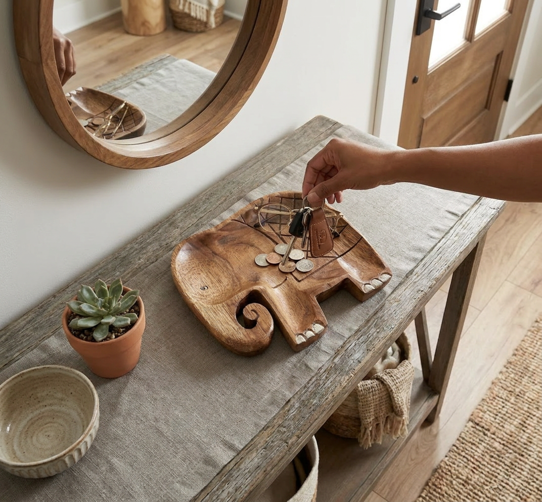 Wood Elephant Tray for Jewelry, Keys & Crystals – Handmade Rustic Animal Trinket Dish for Vanity Table, Bedroom & Spiritual Decor
