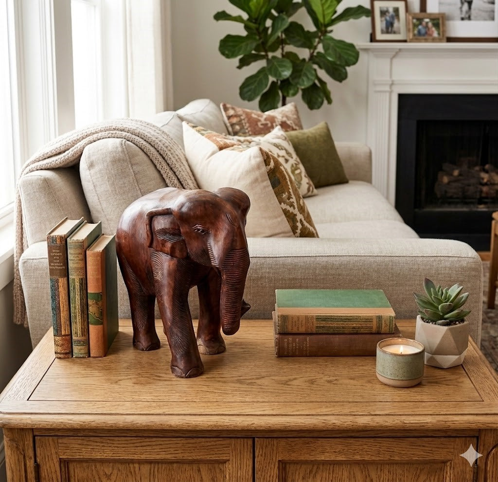 Handcrafted Solid Wood Elephant Statue Set, Decorative Elephant Figurines for Home Decor, Rustic Wooden Animal Sculpture for Living Room, Shelf, Office & Entryway Accent