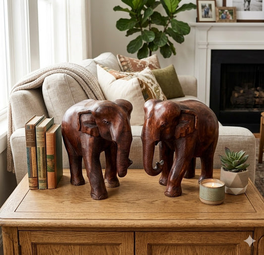 Handcrafted Solid Wood Elephant Statue Set, Decorative Elephant Figurines for Home Decor, Rustic Wooden Animal Sculpture