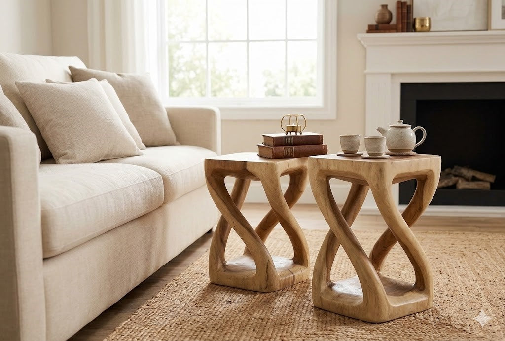 Solid Wood Sculptural Side Table & Stool, Handcrafted Natural Wood Accent Table, Multipurpose End Table for Living Room, Bedroom & Entryway, Supports Seating, Rustic Organic Home Decor（副本）