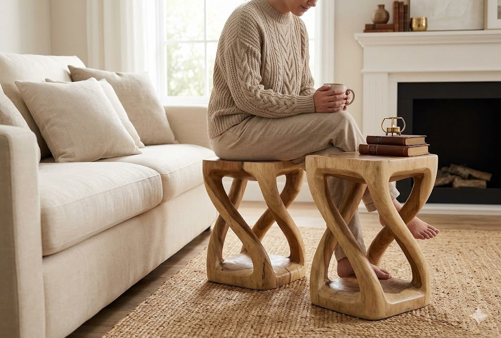 Solid Wood Sculptural Side Table & Stool, Handcrafted Natural Wood Accent Table, Multipurpose End Table for Living Room, Bedroom & Entryway, Supports Seating, Rustic Organic Home Decor（副本）