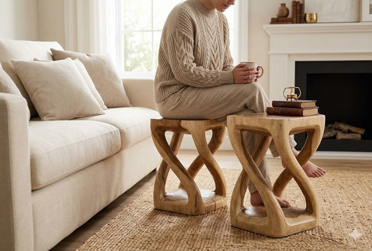 Solid Wood Sculptural Side Table & Stool, Handcrafted Natural Wood Accent Table, Multipurpose End Table, Supports Seating, Rustic Organic Home Decor - CONTACT FOR SHIPPING QUOTE