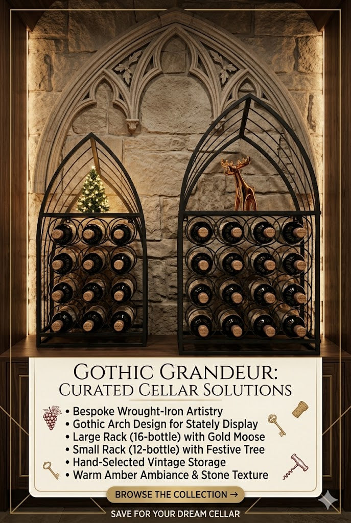 Gothic Arch Wall-Mounted Wine Rack, Wrought Iron Wine Bottle Holder, Decorative Wine Storage Display for 12 or 16 Bottles, Space-Saving Wine Rack for Home Bar, Kitchen & Dining Room