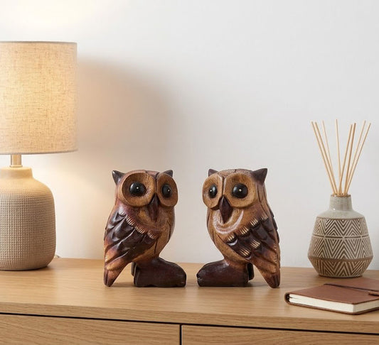 Wooden Owl Statue, Exquisite Animal Sculpture Collectible, Suitable for Home and Office Decoration, Desktop, Bookshelf, Living Room Decoration, Unique Festive Gift Idea S/2